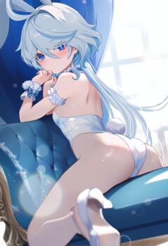1girl ahoge alternate_costume animal_ears arm_rest arm_scrunchie ass bare_back blue_eyes blue_hair blush breasts choker couch cowlick drop-shaped_pupils fake_animal_ears frilled_choker frilled_cuffs frills from_behind furina_(genshin_impact) genshin_impact hair_between_eyes hands_up heterochromia high_heels highres indoors leg_up leotard long_hair looking_at_viewer looking_back on_couch pantyhose parted_lips playboy_bunny rabbit_ears rabbit_tail riku_(rrr_gns) sitting sitting_backwards small_breasts solo strapless strapless_leotard symbol-shaped_pupils tail wavy_hair white_leotard white_pantyhose wrist_cuffs