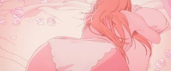 1girl animated animated_gif anime_screenshot ass ass_focus back backboob blonde_hair blush breast_press breasts butt_crack chainsaw_man demon_horns flower hair_between_eyes horns hugging_object lingerie long_hair looking_at_viewer medium_breasts on_bed open_mouth panties pillow pillow_hug power_(chainsaw_man) red_horns sharp_teeth symbol-shaped_pupils teeth thighhighs top-down_bottom-up topless_female underwear white_panties white_thighhighs yellow_eyes