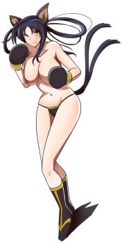 1girl animal_ear_fluff animal_ears black_footwear black_hair black_panties boxing_gloves cat_ears cat_girl cat_tail female_focus full_body hair_rings high_school_dxd kuroka_(high_school_dxd) long_hair multiple_tails navel nipples panties solo tail topless_female trebuxet two_tails underwear yellow_eyes