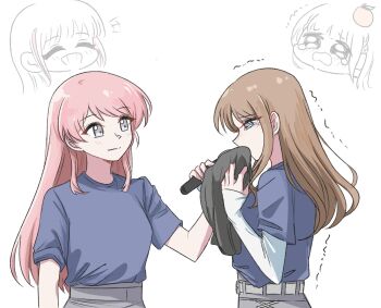 Rule 34 | 2girls, animal ears, bang dream!, bang dream! it's mygo!!!!!, blue eyes, blue shirt, brown hair, chihaya anon, closed mouth, commentary request, fanjing, grey eyes, highres, kohinata mika, layered sleeves, long hair, long sleeves, multiple girls, nagasaki soyo, open mouth, real life, shirt, short over long sleeves, short sleeves, sidelocks, simple background, tateishi rin, voice actor connection, white background