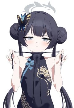 1girl absurdres black_panties blue_archive braid braided_bun butterfly_hair_ornament china_dress chinese_clothes double_bun dragon_print dress expressionless gogoco grey_eyes grey_halo hair_bun hair_ornament halo highres holding holding_panties holding_underwear holding_unworn_clothes kisaki_(blue_archive) leotard loli looking_at_viewer panties presenting_removed_panties print_dress side-tie_leotard sleeveless sleeveless_dress solo stained_panties string_panties underwear unworn_panties upper_body