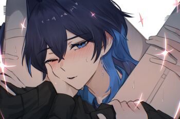 2girls absurdres between_legs black_dress blue_hair blush commentary dress dual_persona ear_blush earrings female_pov garter_straps hand_on_another&#039;s_face highres hololive hololive_english hunk_404 jewelry long_hair looking_at_viewer multicolored_hair multiple_girls official_alternate_costume one_eye_closed ouro_kronii ouro_kronii_(4th_costume) parted_lips pov selfcest simple_background smile sweat symbol-only_commentary thighhighs two-tone_hair virtual_youtuber white_background white_thighhighs yuri