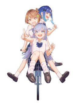3girls alternate_costume bicycle bicycle_basket blue_bow blue_bowtie blue_hair blue_skirt bone_hair_ornament bow bowtie brown_eyes brown_hair brown_shoes closed_eyes collared_shirt food gradient_hair grey_hair hair_flaps hair_intakes hair_ornament hair_rings highres holding holding_food holding_popsicle loafers loose_socks medium_hair multicolored_hair multiple_girls open_mouth parted_bangs pointing popsicle riding riding_bicycle school_uniform sendo_yuuhi shirt shoes short_sleeves simple_background single_hair_ring skirt socks streaked_hair tearing_up teeth tsubu_(kappunioyu562) tsumugi_kokage two_side_up upper_teeth_only virtual_youtuber vspo! water_drop_hair_ornament white_background white_eyes white_shirt white_socks yano_kuromu