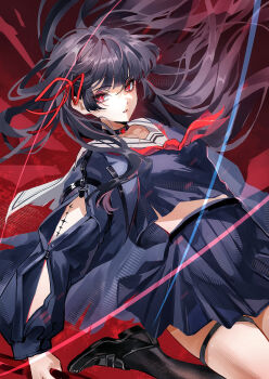 1girl absurdres arm_cutout black_choker black_hair black_jacket black_serafuku black_shirt black_skirt breasts chinese_commentary chisa_(wuthering_waves) choker clothing_cutout commentary_request crop_top hair_ribbon highres jacket junzi_shen_du long_hair long_sleeves looking_at_viewer medium_breasts mole mole_under_eye neckerchief parted_lips red_eyes red_neckerchief red_ribbon ribbon sailor_collar school_uniform serafuku shirt skirt solo thigh_strap white_sailor_collar wuthering_waves