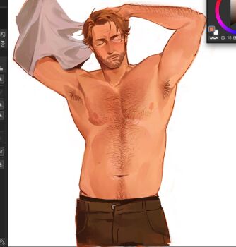 1boy arm_behind_head arm_hair arm_up armpit_hair armpits art_program_in_frame arthur_morgan beard black_male_underwear black_pants blonde_hair chest_hair closed_eyes closed_mouth commentary cowboy_shot cropped_legs english_commentary facial_hair highres kunnuscumnus male_focus male_underwear navel nipples open_fly pants red_dead_redemption_(series) red_dead_redemption_2 shirt short_hair stomach_hair tank_top underwear unworn_shirt white_background white_tank_top