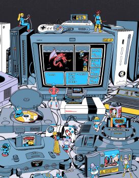 absurdres action_figure atari cable can character_request chrono_trigger controller crono_(chrono_trigger) drink_can english_text final_fantasy final_fantasy_i game_cartridge game_console game_controller gamecube gamepad highres neo_geo nintendo nintendo_64 nintendo_64_controller playstation_1 playstation_2 red_mage_(final_fantasy) sega soda_can stephen_maurice_graham super_famicom super_famicom_cartridge super_famicom_gamepad television toy video_game wire xbox_(original) xbox_360