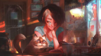 +_+ 1girl absurdres animal_print aqua_shirt artist_name bird_print blurry blurry_background blurry_foreground breasts brown_hair cat chair closed_mouth commentary cup donut door english_commentary english_text eyelashes food hair_over_one_eye hand_on_own_face highres indoors lamp looking_at_animal mole mole_under_eye morning nose one_eye_closed orange_eyes original paul_nong picture_frame plate shirt short_hair short_sleeves signature sitting small_breasts smile steam table upper_body vase window_shadow