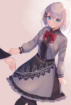 Rule 34 | 1boy, 1girl, absurdres, black pantyhose, black shirt, black skirt, blue eyes, blush, bow, bowtie, breasts, closed mouth, collared shirt, commentary request, elizabeth tower, grey jacket, grey skirt, hair ornament, hairclip, highres, jacket, kimitsuka kimihiko, loafers, long sleeves, looking at viewer, open clothes, open jacket, pantyhose, parallel hairclips, pleated skirt, red bow, red bowtie, shirt, shoes, short hair, siesta (tantei wa mou shindeiru), siesta (zero no tsukaima), skirt, solo focus, tantei wa mou shindeiru, white hair, x hair ornament, yuuna (vhux2273)