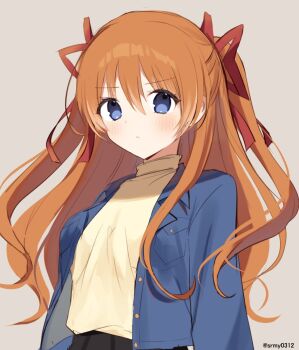 Rule 34 | 1girl, :<, aiyan, blue eyes, blue jacket, blush, closed mouth, commentary, eyelashes, eyes visible through hair, frown, grey background, hair between eyes, hair ribbon, jacket, kanon, long hair, looking at viewer, open clothes, open jacket, orange hair, red ribbon, ribbon, sawatari makoto, shirt, sidelocks, simple background, solo, turtleneck, turtleneck shirt, twitter username, two side up, upper body, v-shaped eyebrows, very long hair, yellow shirt