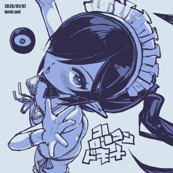 1girl :o arm_up ass backbeako_(torotei) backbeard blue_background blue_theme blush bow bowtie breasts commentary dated dated_commentary from_above from_side front-tie_bra gegege_no_kitarou gloves hair_over_one_eye hand_up kono_lolicon_domome long_hair looking_at_viewer maid_headdress monochrome open_mouth original paid_reward_available panties petite pointy_ears side-tie_panties simple_background small_breasts solo torotei translated twintails underwear underwear_only watermark web_address