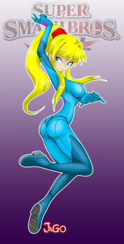 absurdres blonde_hair blue_bodysuit blue_eyes bodysuit boots breasts from_behind from_side gradient_background hair_between_eyes high_heels highres jago_dibuja large_breasts long_hair looking_at_viewer looking_back nintendo ponytail purple_background samus_aran sidelocks super_smash_bros. super_smash_bros._logo zero_suit