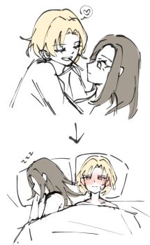 2girls aftersex bang_dream! bite_mark bite_mark_on_neck blonde_hair blush brown_hair closed_mouth commentary english_commentary food long_hair multiple_girls pillow pocky pocky_day pocky_kiss sato_masuki shared_food short_hair sleeping sweat under_covers wakana_rei yancy_shirosagi yuri zzz