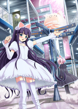 00s 2girls animal_ears artemis artemis_(tsukuyomi) blue_eyes cat_ears garter_belt hazuki_(tsukuyomi) highres inuga_anahoru lingerie long_hair multiple_girls pink_eyes pink_hair purple_hair short_hair thighhighs tsukuyomi_moonphase underwear