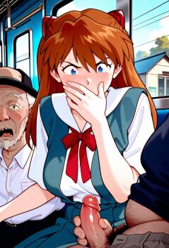 blush covering_own_mouth exibitionism highres neon_genesis_evangelion old old_man sexual_harassment shocked_pupils souryuu_asuka_langley train