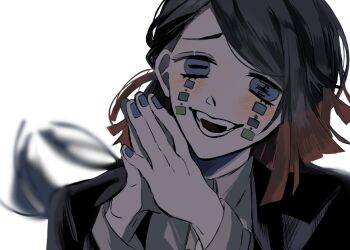 Rule 34 | 1boy, asymmetrical bangs, black jacket, blue eyes, blue nails, blurry, blurry background, blush, buttons, colored tips, commentary request, demon boy, enmu (kimetsu no yaiba), facial mark, fangs, furrowed brow, hands up, head tilt, jacket, kimetsu no yaiba, long sleeves, looking at viewer, male focus, medium hair, multicolored hair, open mouth, own hands together, pale skin, portrait, siro46497, smile, solo, steepled fingers, suit jacket, symbol-shaped pupils, tears facial mark, teeth, trap, undershirt, white background