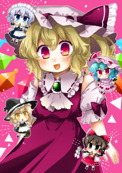 5girls absurdres apron ascot bad_id bad_pixiv_id bat_wings black_hat black_skirt black_vest blonde_hair blue_eyes blue_hair bow braid brooch broom brown_eyes brown_hair chibi chibi_inset collared_shirt commentary_request crystal crystal_wings detached_sleeves fang flandre_scarlet frilled_bow frilled_hair_tubes frilled_shirt_collar frills gohei green_bow grey_hair hair_bow hair_tubes hakurei_reimu hat hat_bow hat_ribbon highres holding holding_broom holding_gohei izayoi_sakuya jewelry kirisame_marisa long_hair maa_(forsythia1729) maid maid_headdress mob_cap multicolored_wings multiple_girls one_side_up open_mouth pink_hat red_bow red_eyes red_skirt red_vest remilia_scarlet ribbon ribbon-trimmed_collar ribbon-trimmed_sleeves ribbon_trim shirt siblings sisters skirt skirt_set smile touhou twin_braids vest waist_apron white_apron white_ascot white_bow white_hat wings witch_hat yellow_ascot yellow_eyes