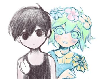 Rule 34 | 2boys, antenna hair, basil (headspace) (omori), basil (omori), black eyes, black hair, black tank top, blue overalls, blurry, blush, closed mouth, collared shirt, colored skin, double-parted bangs, flower, flower wreath, green eyes, green hair, green shirt, hair between eyes, head wreath, holding, holding flower, lilac aesthetic, looking at viewer, male focus, multiple boys, omori, omori (omori), overalls, parted lips, shirt, short hair, sidelocks, simple background, smile, tank top, tulip, white background, white flower, white skin, white tulip