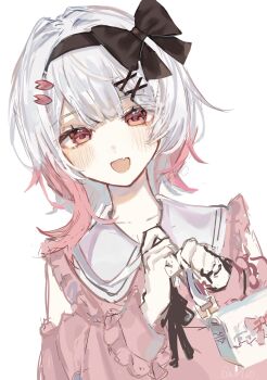 1girl :d black_bow black_hairband black_ribbon book_off bow bow_hairband commentary_request detached_sleeves fang frilled_shirt frills gradient_hair hair_ornament hairband highres light_blush mahou_shoujo_no_majo_saiban mirin_(mir1n0) multicolored_hair neck_ribbon open_mouth pink_eyes pink_hair pink_shirt ribbon sakuraba_ema shirt short_hair simple_background skin_fang smile solo upper_body white_background white_bag white_hair x_hair_ornament