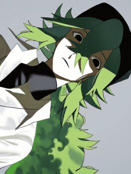 1boy black_eyes green_hair grey_background hair_between_eyes highres long_hair looking_at_viewer male_focus n_(pokemon) nintendo parted_lips pixelated pokemon pokemon_bw shaded_face shirt sideways solid_circle_pupils solo turtleneck white_shirt zero_(sleepy_meltan)