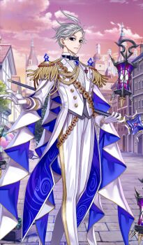 Rule 34 | 1boy, aiguillette, bishounen, black bow, black bowtie, black eyes, bow, bowtie, cane, closed mouth, commentary request, dress shirt, epaulettes, fate/grand order, fate (series), feet out of frame, formal clothes, game cg, gloves, grey hair, holding, holding cane, honjou raita, james moriarty (celebratory attire) (fate), james moriarty (ruler) (fate), long sleeves, looking at viewer, male focus, official art, outdoors, pants, shirt, short hair, solo, standing, tailcoat, third-party source, traditional bowtie, two-sided tailcoat, white gloves, white pants, white shirt, wingtip collar