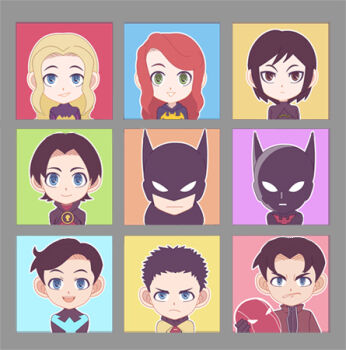 3girls 6+boys barbara_gordon bat_symbol batgirl batman batman_(series) batman_beyond black_bat black_hair blonde_hair blue_eyes brother_and_sister brothers brown_eyes bruce_wayne cape cassandra_cain chibi damian_wayne dc_comics dick_grayson everyone father_and_daughter father_and_son frown gloves green_eyes helmet jason_todd lowres mask multiple_boys multiple_girls nightwing oracle oracle_(dc) red_hair red_hood red_hood_(dc) red_robin robin_(dc) siblings smile stephanie_brown terry_mcginnis tim_drake