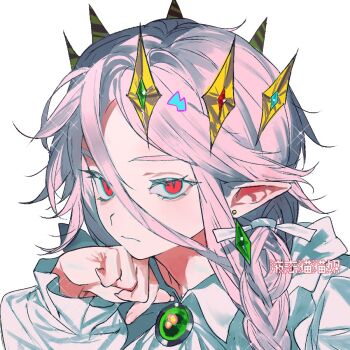 1boy androgynous animification artist_request bishounen braid brooch chinese_commentary commentary_request commission crown dream_smp earrings gold_crown hair_between_eyes hair_ribbon hand_up humanization jeweled_crown jewelry long_hair long_sleeves looking_at_viewer male_focus minecraft_youtube pink_hair pointed_crown pointy_ears portrait red_eyes ribbon second-party_source shirt side_braid simple_background single_earring slit_pupils solo technoblade watermark white_background white_shirt