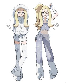 1girl ;p alternate_costume arms_behind_back blonde_hair earrings fingerless_gloves gloves hair_between_eyes highres hood hood_up jacket jewelry korrina_(pokemon) leggings long_bangs long_hair looking_at_viewer multiple_views nintendo one_eye_closed oromnt pants pokemon pokemon_xy ponytail shorts star_(symbol) tongue tongue_out white_background white_jacket white_shorts