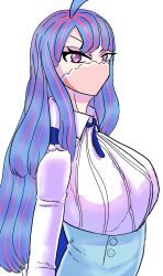 Rule 34 | 1girl, blue hair, blue skirt, breasts, large breasts, long hair, looking at viewer, multicolored hair, neck ribbon, one piece, pink eyes, ribbon, shirt, skirt, solo focus, sorambk, ulti (one piece), upper body, white background, white shirt