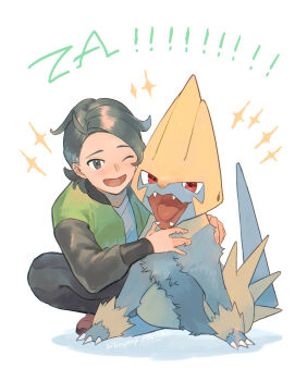 1boy ;d black_hair black_pants commentary_request gen_3_pokemon green_jacket grey_eyes happy highres jacket kikuyoshi_(tracco) male_focus manectric nintendo one_eye_closed open_clothes open_jacket open_mouth pants paxton_(pokemon) pokemon pokemon_(creature) pokemon_legends:_z-a shirt shoes smile sparkle squatting tongue white_background