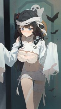 1girl bandages bare_shoulders black_hair blue_eyes blush breasts chest_sarashi cleavage closed_mouth highres large_breasts long_hair long_sleeves looking_at_viewer navel nose_blush off_shoulder one_side_up sarashi shirayuki_hina shirt solo stellive stomach thighs torn_clothes torn_shirt v-shaped_eyebrows virtual_youtuber white_shirt yoba