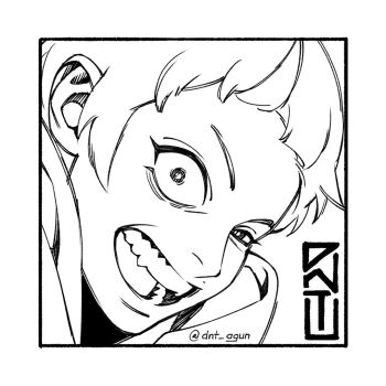 Rule 34 | 1boy, boruto: naruto next generations, close-up, commentary, constricted pupils, crazy eyes, crazy smile, daemon (naruto), dnt agun, english commentary, half-closed eye, male focus, monochrome, naruto (series), open mouth, signature, smile, solo, twitter username