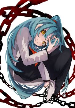 Rule 34 | 1girl, angela (project moon), black vest, blue hair, chain, closed mouth, coat, collared shirt, full body, highres, lab coat, lobotomy corporation, long hair, long sleeves, looking at viewer, nakame77, necktie, one side up, parted bangs, project moon, red necktie, shirt, simple background, sitting, smile, solo, vest, white background, white coat, white shirt, yellow eyes
