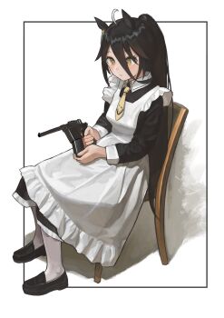1girl absurdres ahoge alternate_costume animal_ears apron black_dress black_hair black_shoes blush border breasts chair closed_mouth collared_dress dress full_body garoppui gun hair_between_eyes handgun highres holding holding_gun holding_weapon horse_ears loafers long_hair long_sleeves maid_apron manhattan_cafe_(umamusume) mauser_c96 multicolored_hair necktie outside_border ponytail reloading shoes sitting small_breasts smile solo streaked_hair umamusume weapon yellow_eyes yellow_necktie