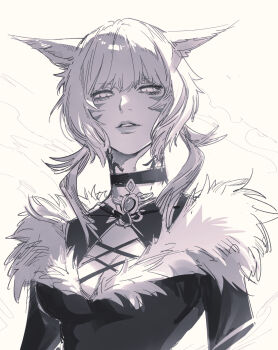 Rule 34 | animal ears, archon mark, blind, cat ears, cat girl, commentary request, dark-skinned female, dark skin, dress, facial mark, feather hair ornament, feathers, final fantasy, final fantasy xiv, fur-trimmed dress, fur trim, hair ornament, highres, kurogorororo, miqo'te, neck tattoo, simple background, tattoo, upper body, whisker markings, y'shtola rhul