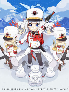 Rule 34 | 1girl, ak-47, assault rifle, backpack, bag, black pantyhose, blue archive, blue eyes, blue sky, boots, cherino (blue archive), cloud, copyright notice, fake facial hair, fake mustache, gloves, gun, handgun, hat, highres, holding, holding gun, holding weapon, jacket, kalashnikov rifle, kei s01, long hair, looking at viewer, mountain, nagant m1895, official art, pantyhose, randoseru, red bag, revolver, rifle, sky, snow, solo, very long hair, weapon, white boots, white gloves, white hair, white hat, white jacket, wixoss