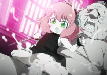 1boy 1girl age_difference anya_(spy_x_family) black_dress censored clothed_female_nude_male cum cum_in_pussy cum_overflow dagger dress dual_wielding green_eyes holding holding_weapon jcm2 knife loli mosaic_censoring nude pink_hair reverse_cowgirl_position sex size_difference spy_x_family stiletto_(weapon) straddling ugly_bastard weapon
