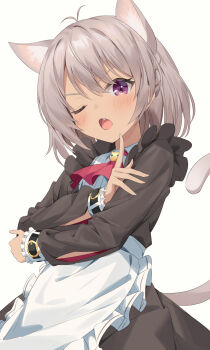 1girl animal_ears apron black_dress blush cat_ears cat_girl cat_tail commentary_request dark-skinned_female dark_skin dress fang grey_hair hachinatsu highres looking_at_viewer maid maid_apron matsukai_mao matsukai_mao_(2nd_costume) nijisanji official_alternate_costume one_eye_closed purple_eyes solo tail virtual_youtuber white_apron