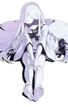 1girl black_mask blindfold blue_archive closed_eyes colored_skin commentary_request djheycha extra_eyes extra_pupils feet highres long_hair ohr_(blue_archive) simple_background white_background white_hair white_skin