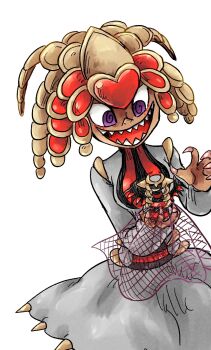 Rule 34 | 1girl, @ @, claws, commentary, dragon, dress, english commentary, gen 4 pokemon, gen 7 pokemon, giratina, giratina (altered), hex maniac (pokemon), hex maniac (pokemon xy), highres, holding, holding toy, kicdon, kikio (draco dragon heart), kommo-o, legendary pokemon, nintendo, original, pokemon, pokemon xy, purple eyes, scales, sharp teeth, teeth, toy, white background