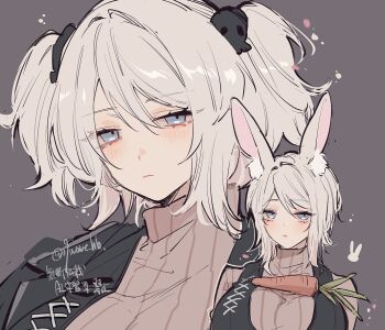 09wave_hb 1girl animal_ear_fluff animal_ears artist_name black_vest blonde_hair blue_eyes blush breasts brown_sweater carrot faust_(project_moon) grey_background large_breasts light_smile limbus_company medium_hair multiple_views project_moon rabbit_ears rabbit_girl short_twintails simple_background sweater turtleneck turtleneck_sweater twintails vest