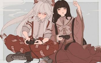 2girls arm_up black_boots black_hair blunt_bangs blush boots border bow bowtie brown_eyes cigarette clenched_hand closed_mouth collared_shirt commentary controller dress_shirt duplicate english_commentary frilled_shirt_collar frills fujiwara_no_mokou game_controller grey_background grey_border hair_bow hair_ribbon hime_cut holding houraisan_kaguya indian_style japanese_clothes kawacy lace-up_boots long_hair long_sleeves mouth_hold multiple_girls ofuda open_mouth outside_border pants pink_shirt playing_games playing_video_games red_eyes red_pants red_skirt ribbon shirt sidelocks simple_background sitting skirt smoke suspenders touhou unfinished v-shaped_eyebrows very_long_hair white_bow white_bowtie white_hair white_shirt wide_sleeves