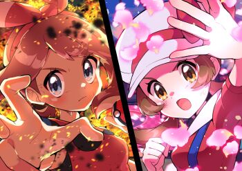 2girls :o absurdres blue_eyes blush bow_hairband brown_hair clenched_hand closed_mouth commentary eyelashes frown hairband hands_up hat hat_ribbon highres holding holding_poke_ball lyra_(pokemon) may_(pokemon) multiple_girls nintendo open_mouth poke_ball poke_ball_(basic) pokemon pokemon_hgss pokemon_oras pon_yui red_ribbon ribbon shirt sleeveless sleeveless_shirt split_screen tongue twintails white_headwear