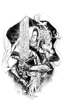 2boys absurdres antlers arm_around_shoulder armor armor_under_clothes bloodborne chain chinese_commentary cloak commentary_request deer_antlers eldritch_abomination gauntlets greyscale highres holding holding_sword holding_weapon hood hood_over_one_eye hood_up hooded_cloak horns kalianabokalisi laurence_the_first_vicar looking_at_viewer ludwig_the_accursed male_focus monochrome moonlight_greatsword multiple_boys mutation one_eye_covered simple_background sword weapon