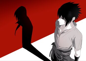 black_hair black_sleeves brothers collared_shirt different_shadow from_above grey_shirt hair_between_eyes highres kryu0415 low_ponytail male_focus naruto_(series) naruto_shippuuden ponytail red_background rope_belt shirt short_hair short_sleeves siblings spiked_hair uchiha_itachi uchiha_sasuke upper_body