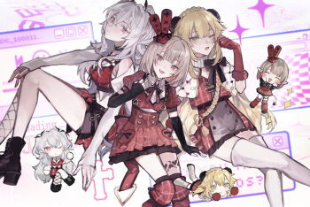 1boy 2girls animal_ears black_boots black_bow black_choker black_gloves blonde_hair blush_stickers boots bow braid brown_hair character_doll chibi chibi_inset choker commentary crossed_legs doll dress elbow_gloves fake_animal_ears fingerless_gloves genderswap genderswap_(mtf) gloves green_eyes grey_hair highres kuzuha_(nijisanji) looking_at_viewer makaino_ririmu mole mole_under_eye multicolored_hair multiple_girls nail_polish neck_ribbon nijisanji one_eye_closed pink_hair pointy_ears rabbit_ears red_dress red_eyes red_gloves red_nails ribbon sanya_(kuzuha) sign_wa_b_(oshi_no_ko) single_fishnet_legwear sparkle streaked_hair symbol-only_commentary thigh_boots thighhighs trap tsuta1218 two-tone_hair user_interface uzuki_kou virtual_youtuber white_boots zettai_ryouiki