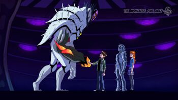 1girl 3boys absurdres alien alternate_design ben_10 ben_10:_alien_force ben_tennyson black_pantyhose black_shirt black_skirt blue_pants blue_shirt brown_hair collared_jacket collared_shirt colored_skin commentary derivative_work english_commentary extra_eyes green_jacket gwen_tennyson handshake height_difference highres jacket kevin_levin long_hair looking_at_another metal_skin multiple_boys omnitrix orange_hair pants pantyhose parody reinrassig_iii school_uniform screenshot_redraw shirt short_hair size_difference skirt sleeves_rolled_up spikes the_homeless_1 white_shirt white_skin yellow_eyes