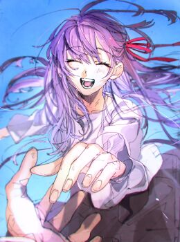 Rule 34 | 1girl, 1other, black skirt, blue sky, blush, closed eyes, collarbone, commentary, cowboy shot, day, fate/stay night, fate (series), fingernails, floating hair, hair between eyes, hair ribbon, hand up, happy, highres, long hair, long sleeves, matou sakura, open mouth, outdoors, pink ribbon, puffy long sleeves, puffy sleeves, purple hair, ribbon, shirt, skirt, sksk sn09, sky, smile, solo focus, standing, symbol-only commentary, teeth, tongue, white shirt