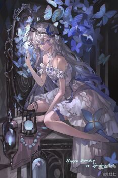 1girl absurdres bare_shoulders blue_shoes bug butterfly double-parted_bangs dress full_body grey_eyes grey_hair hair_between_eyes hand_up happy_birthday high_heels highres huang_du_du insect lantern long_hair looking_at_viewer mihuashi_username original parted_lips shoes sitting solo strapless strapless_dress white_dress