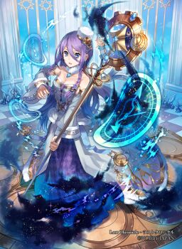 1girl aiming aiming_at_viewer analog_clock aura bare_shoulders bell_sleeves blue_eyes blue_gemstone blue_ribbon braid braided_sidelock breasts checkered_clothes checkered_dress checkered_floor cleavage clock collarbone copyright_name copyright_notice crescent day detached_sleeves dress eihi full_body fur-trimmed_dress fur-trimmed_sleeves fur_collar fur_hat fur_trim gear_hat_ornament gears gem hair_between_eyes hair_ornament hairclip hand_up hat hat_ornament holding holding_staff ice indoors last_chronicle long_dress long_hair long_hair_between_eyes long_sleeves looking_at_viewer mage_staff magic medium_breasts mini_hat official_art open_mouth outstretched_arm papakha purple_dress purple_hair ribbon ring_hair_ornament solo staff standing star_(symbol) strapless strapless_dress two-tone_dress very_long_hair white_dress white_sleeves window