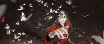 Rule 34 | 1boy, arm at side, beads, belt, black eyes, black hair, blood, blood on clothes, blurry, bracelet, braid, brown hair, brown theme, bug, butterfly, chinese clothes, chinese commentary, closed mouth, commentary request, contrapposto, dark background, death, depth of field, different shadow, dutch angle, expressionless, eye mask, eyelashes, facing viewer, falling petals, fingernails, floating hair, food, from above, from behind, frustrated, giving flower, gold trim, hair beads, hair between eyes, hair bun, hair ornament, hand on own chin, hand on own hip, hand up, hanfu, happy, hat, head rest, heterochromia, highres, holding, holding ladle, holding scroll, holding weapon, hua cheng, insect, jewelry, ladle, laughing, light particles, light smile, limited palette, long hair, long sidelocks, long sleeves, looking at viewer, looking up, lying, male focus, mandarin collar, mask, multiple persona, necklace, no eyepatch, on back, outstretched arm, pants, petals, profile, puffy lips, puffy long sleeves, puffy sleeves, red eyes, red hanfu, red petals, red theme, rice hat, scimitar, scroll, shadow, shiyieleven, side braid, side slit, sidelocks, silver belt, silver bracelet, silver necklace, simple background, single braid, single hair bun, slit pupils, solid circle eyes, squiggle, stab, standing, steamed bun, straight-on, straight hair, string, string around finger, string of fate, swept bangs, sword, symbolism, thick eyelashes, thinking, tianguan cifu, too many, too many butterflies, tsurime, unworn hat, unworn headwear, very long hair, weapon, when you see it, white butterfly, white hanfu, white pants, white theme, wide shot, wide sleeves, wind, wind lift, xie lian, yuanlingpao